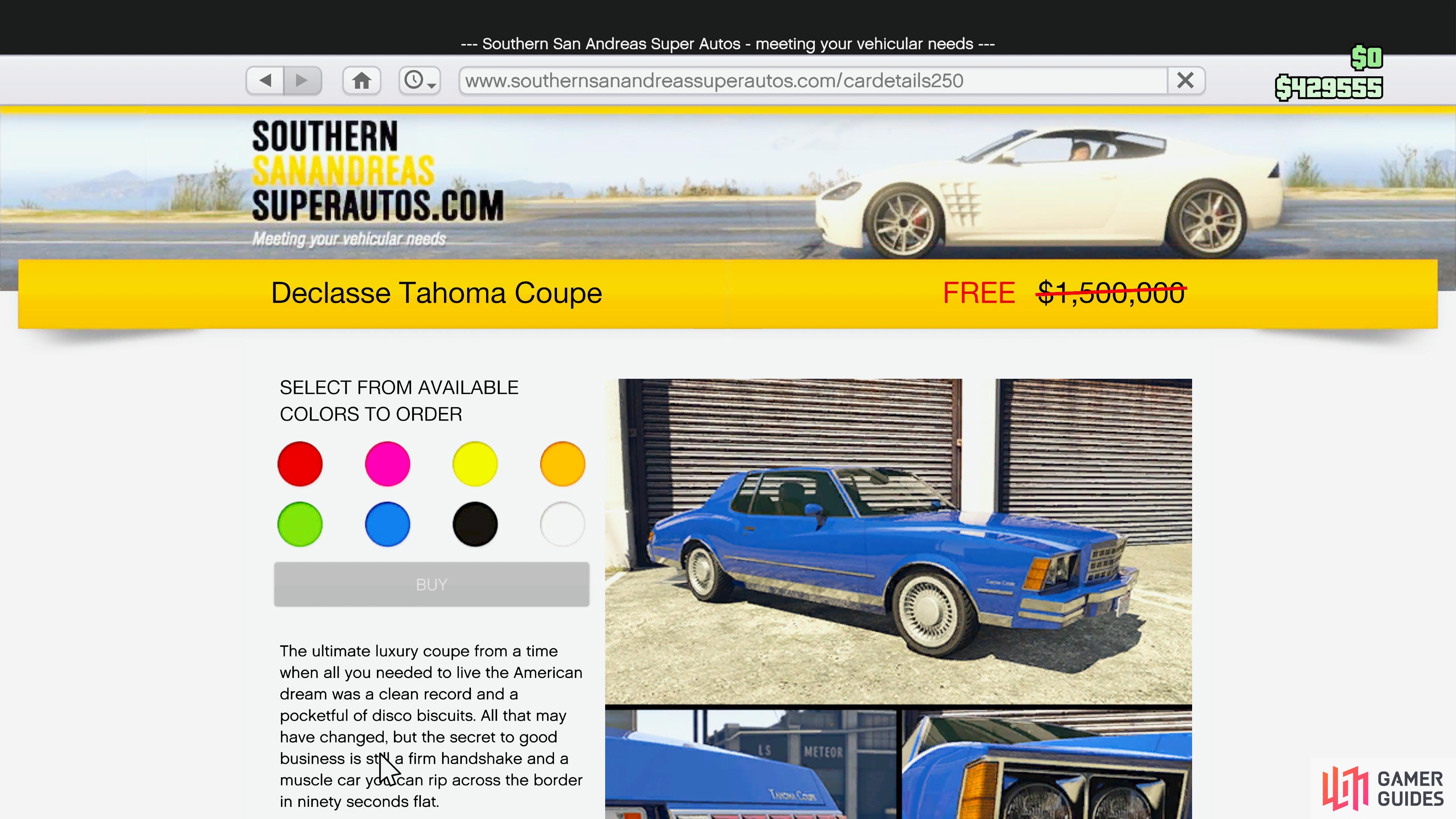 You can purchase the Declasse Tahome Coupe from the Southern San Andreas Super Auto.