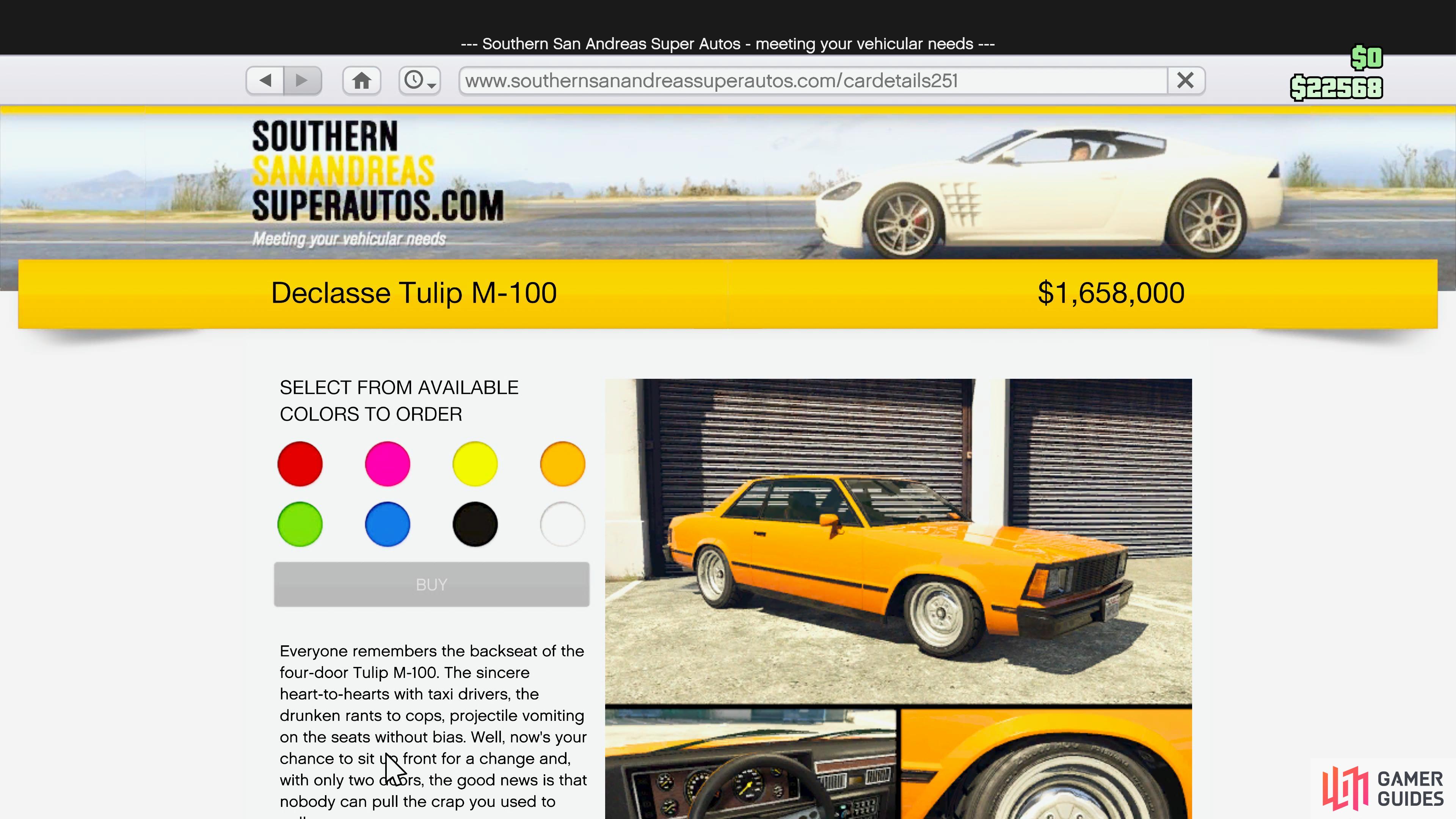 You can purchase the Declasse Tulip M-100 from the Southern San Andreas Super Auto.