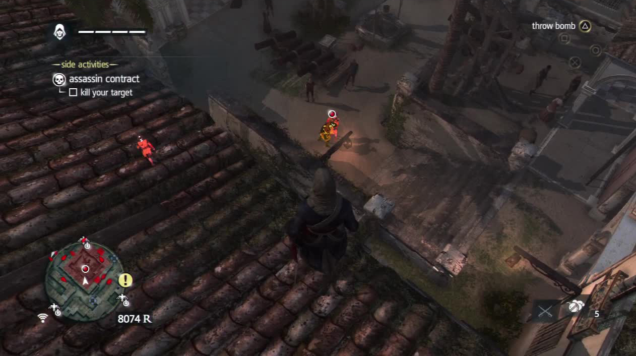 You can also take out the two guards on this rooftop and then jump down inside. Quietly sneak over to the wall near the target and air assassinate both him and the guard he is talking to.