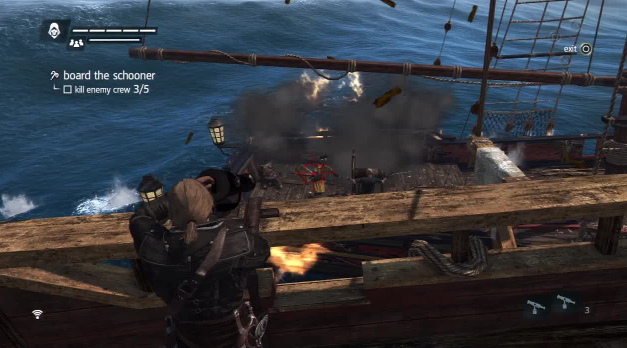 Using the swivel gun to take out guards before even boarding the ship yourself is always a good tactic. You can also shoot powder barrels to make things even easier.