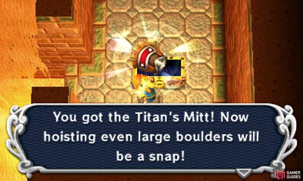 Next, cast the Sand Rod left, then merge and walk all the way right to reach the big chest and claim the Titan's Mitts inside. With this awesome glove, Link can now lift giant rocks. Head back to the entrance of this room and return to the previous room (1F west).