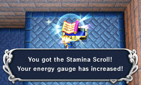 Downstairs (B3 centre), open the big chest just ahead to obtain the Stamina Scroll; with this parchment, the size of the energy gauge will increase. Now you can remain merged into walls for longer and expend more item uses in a given time!