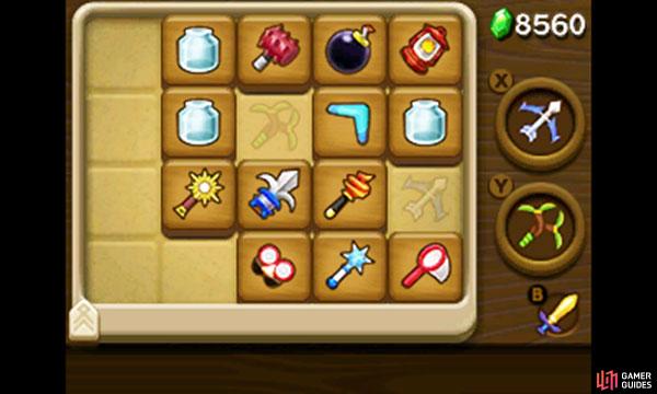 Items can be equipped to the X or Y button from the Item tab on the bottom screen. When you're controlling Link, press the X or Y button to use the items equipped to those buttons.