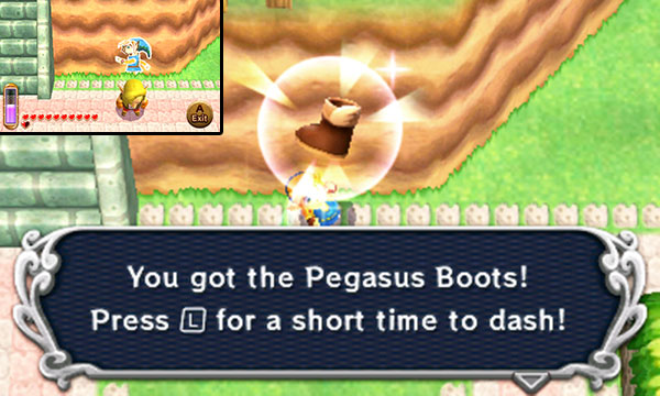 To obtain the Pegasus Boots, merge into the wall behind Shady Guy, who's standing near the top of Kakariko Village, then walk behind Shady Guy and emerge while behind him. Link will catch him off guard and obtain the legendary footwear from him.