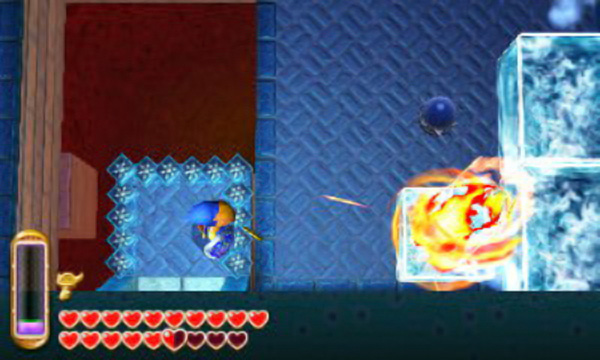 Point your Fire Rod diagonally top-right, then let loose a fireball, melting most of the ice cubes below and revealing a round switch. If you're feeling skilled, chuck a bomb diagonally top-right to trigger the round switch from here; otherwise, you can hit the switch when come back around to this room again.