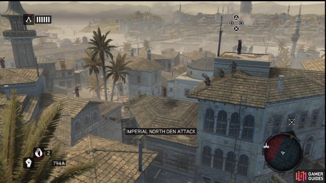 As you can see, the ziplines provide another angle of attack for the Assassins of Constantinople. By controlling your movement via the profile system (as in high and low profile), you can slow yourself down to make it past patrolling rooftop Templars undetected, then press the R1/R button to speed up and leap from the zipline into a graceful Zipline Assassination.  Some of the ziplines dotted around areas of Constantinople also have Animus Data Fragments on them, so be sure to keep an eye out and use Eagle Sense to tag them for collection later if you don't feel like grabbing them right away.