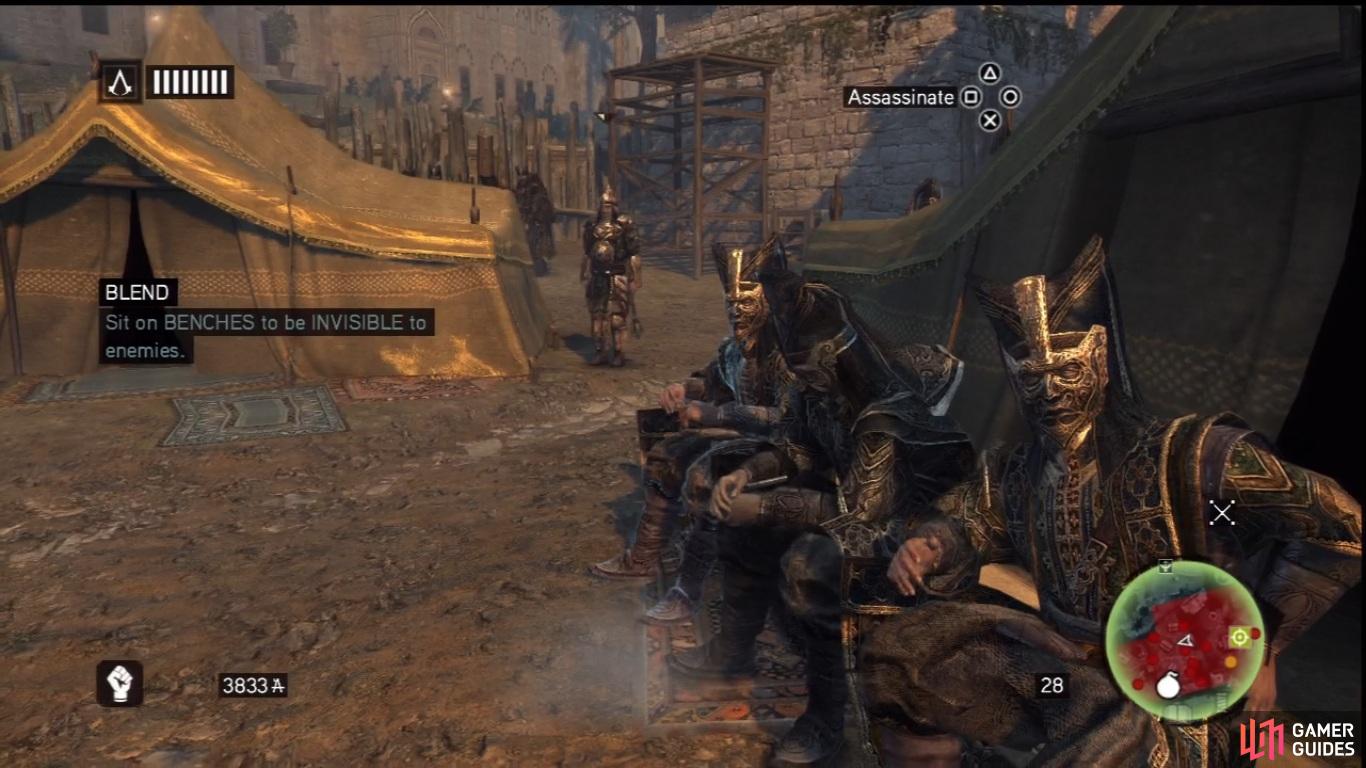Use the benches and groups to avoid the gaze of the elite guards.