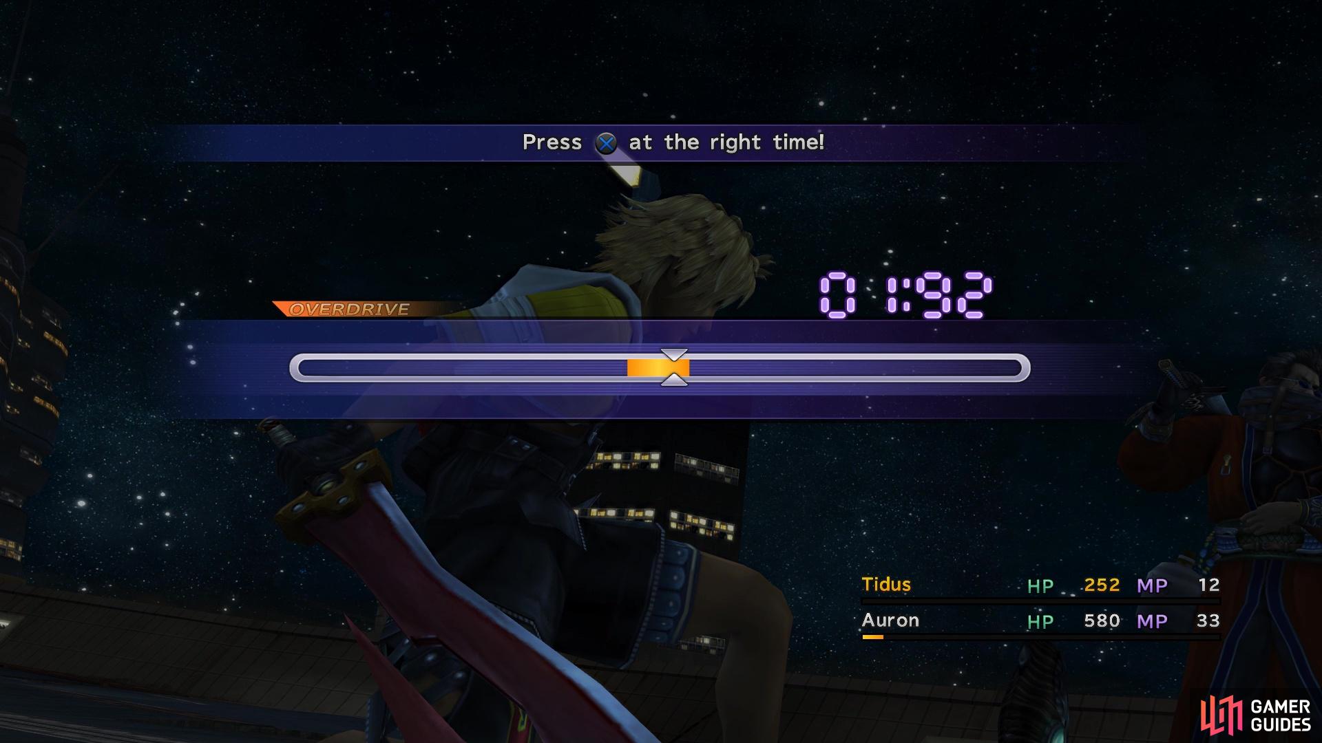 Tidus' Overdrive has you stopping a cursor in the middle of the gauge