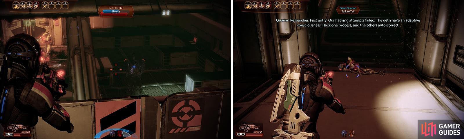 Clear the room below (left) and then check out the body in the hallway for a scene with Tali (right).
