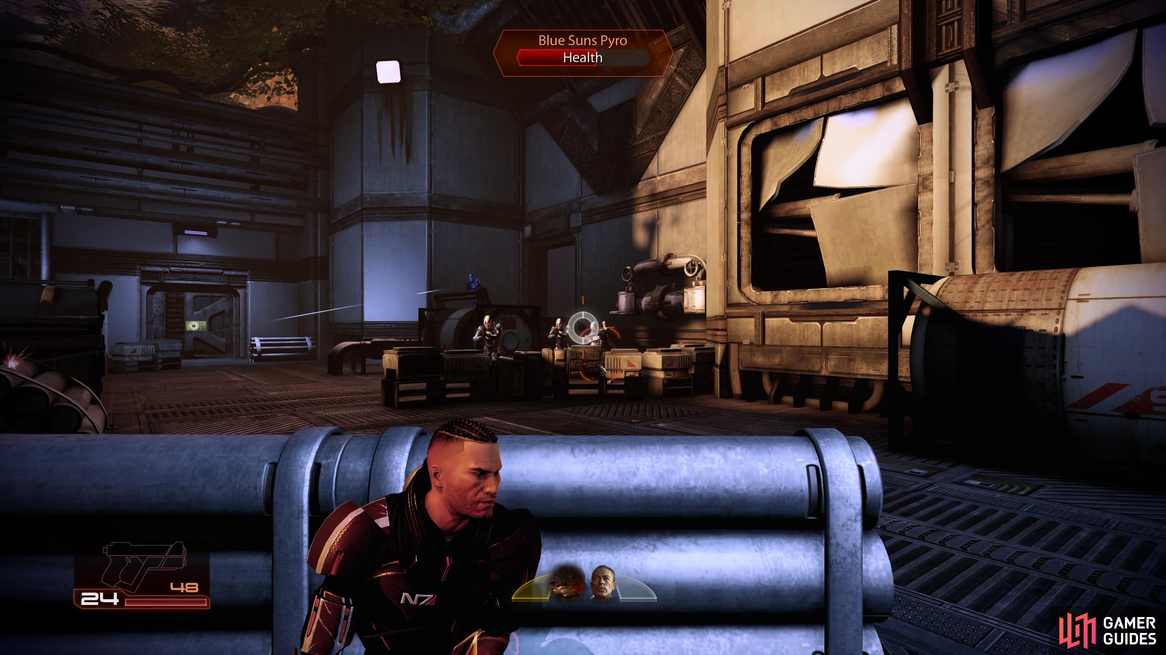 Use the pipes as cover, and use Zaeed's Disruptor Ammo and Concussive Shots to take them out