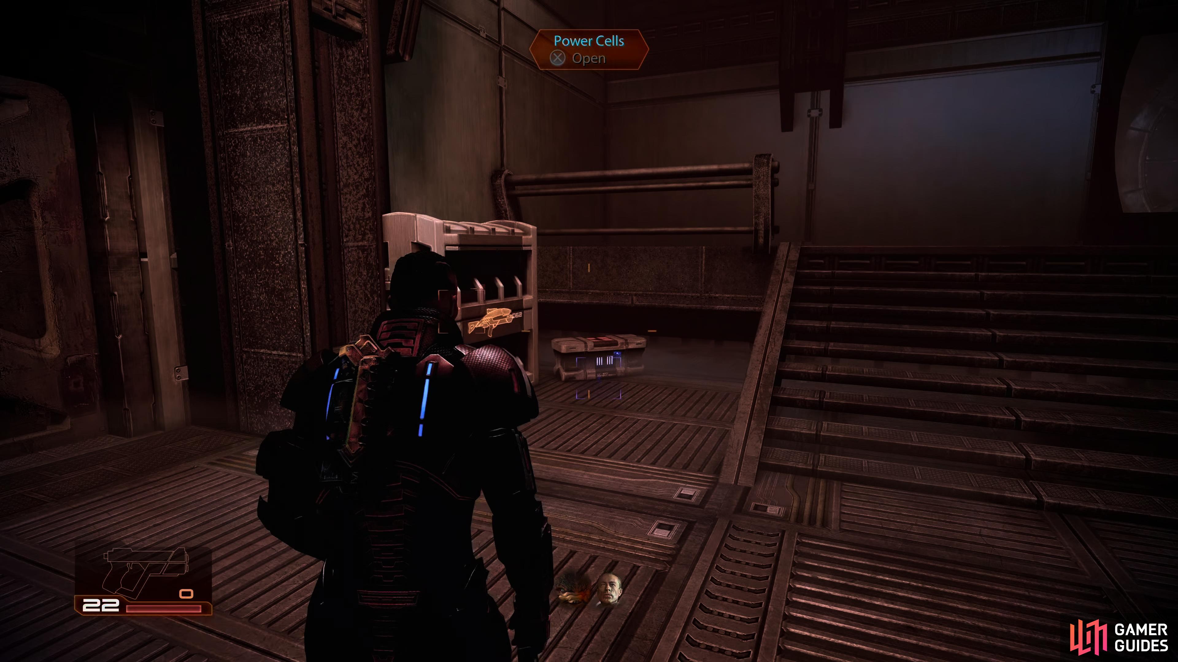 Finally, pick up the Power Cells next to the Weapons Locker.