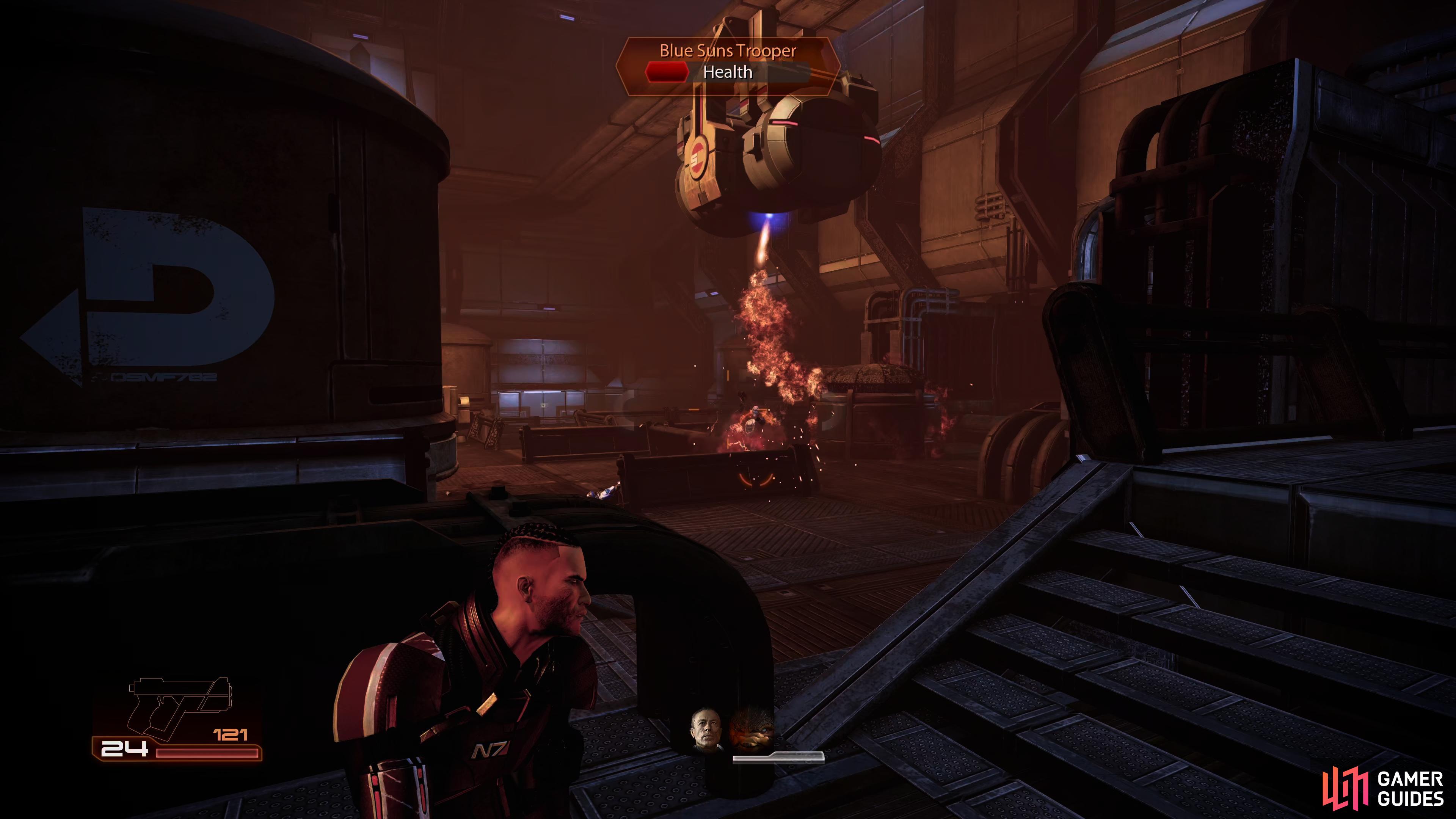 You can shoot the giant tankers moving around on the ceiling to drop and explode on the enemies, make use of it