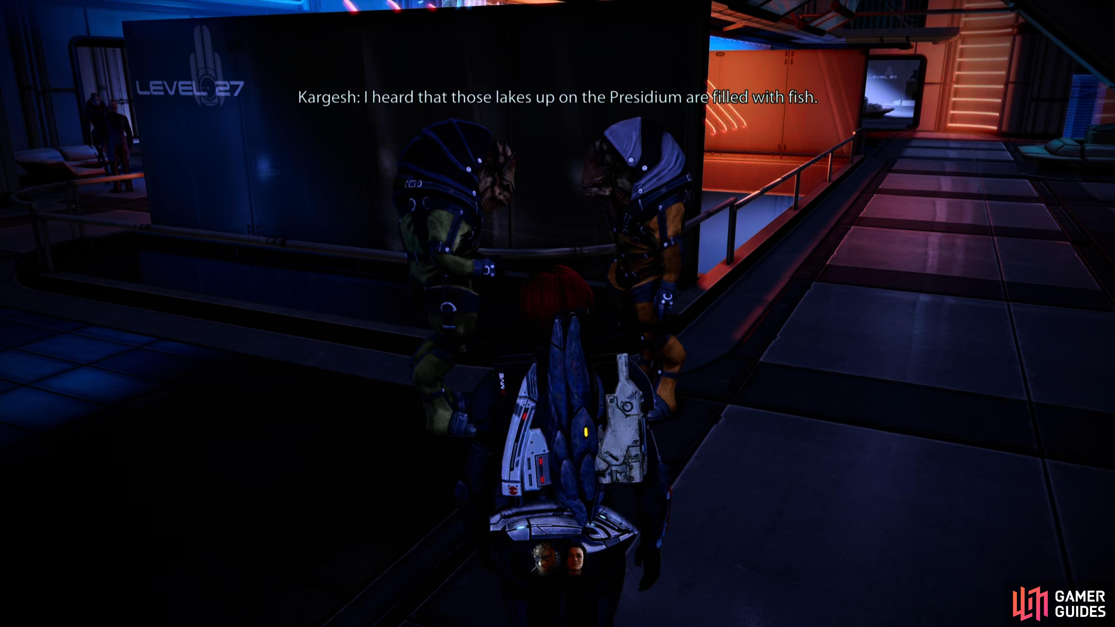 On Zakera Ward you'll overhear some Krogan speculating about fish in the Presidium lakes.