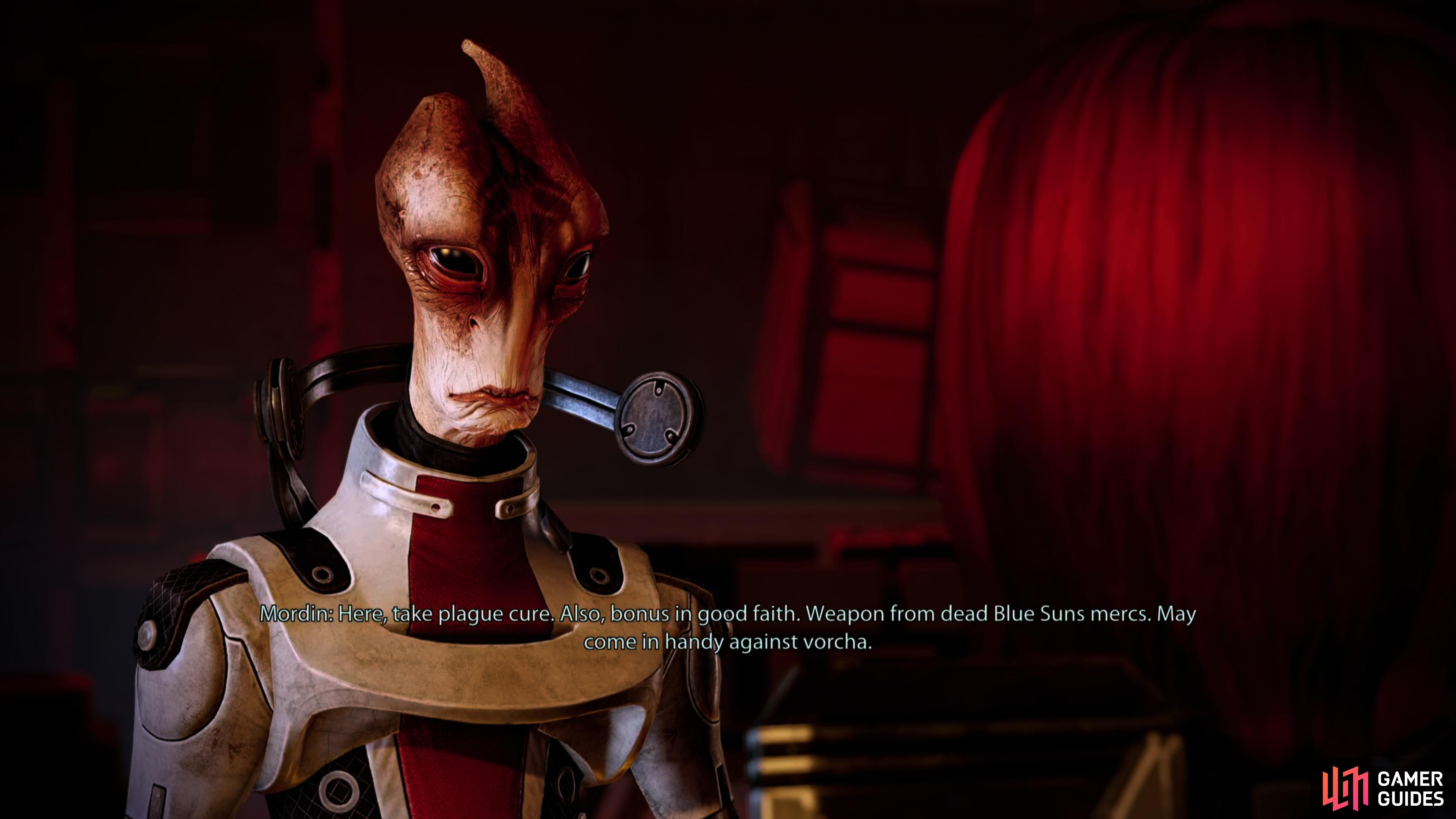 then talk to Mordin, who won't join you without conditions… but he does give you a new handgun.