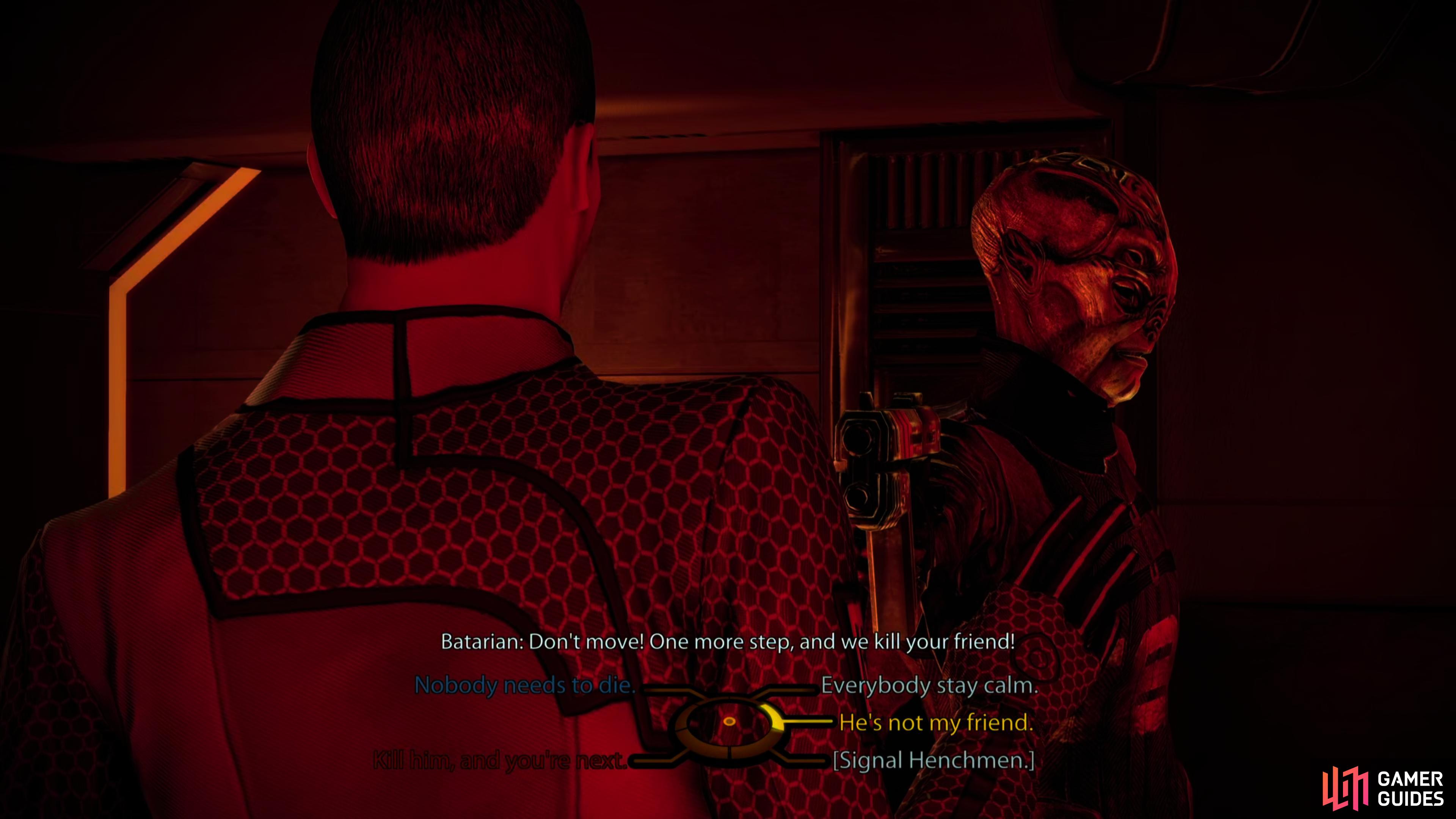 and Mordin's assistant Daniel, who ran afoul of some Batarians. Play the peacemaker or threaten them, after which you can let them go, or kill them.