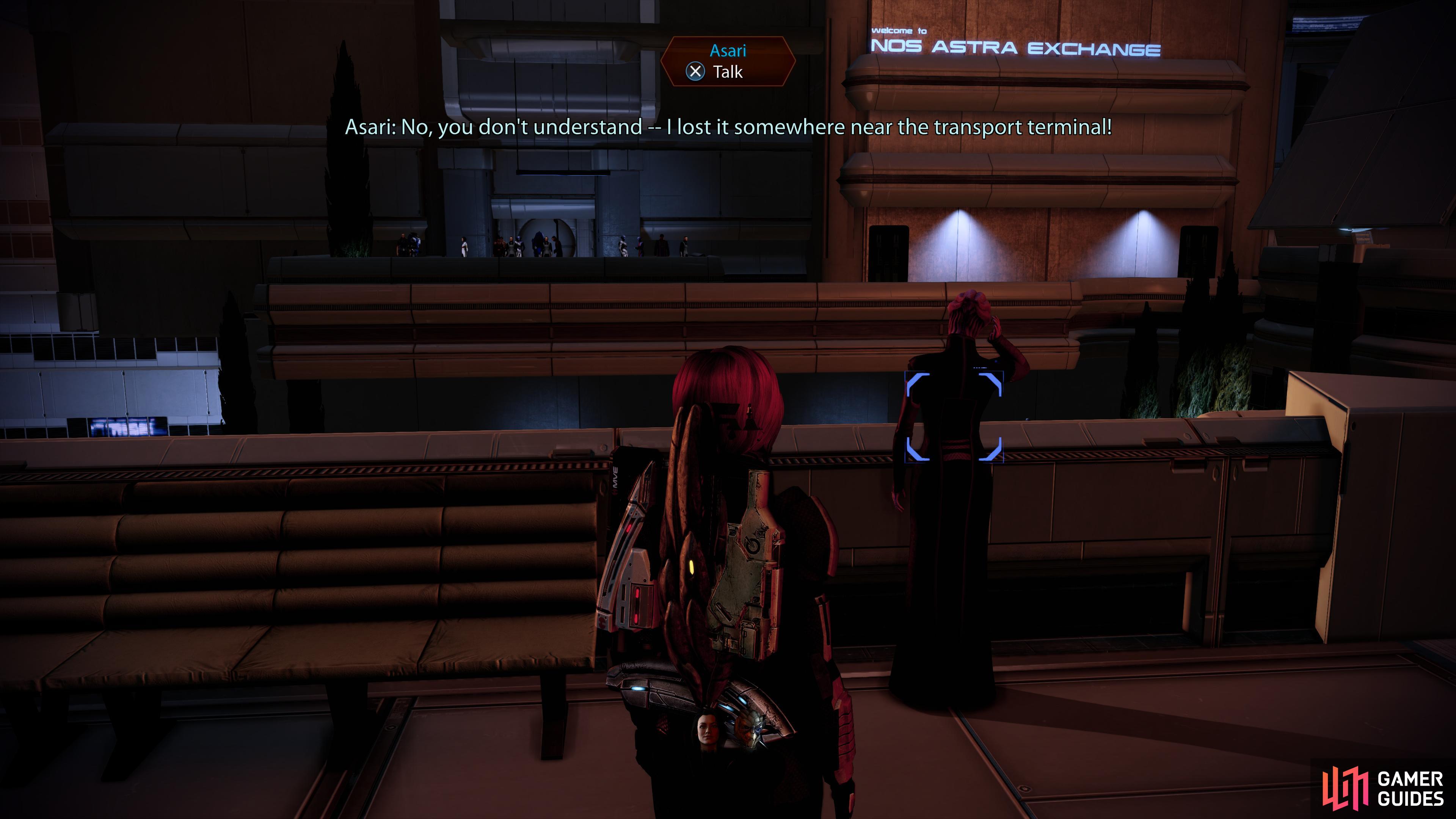 If you've acquired Miranda's loyalty mission, you can overhear an asari complaining about a missing trinket.