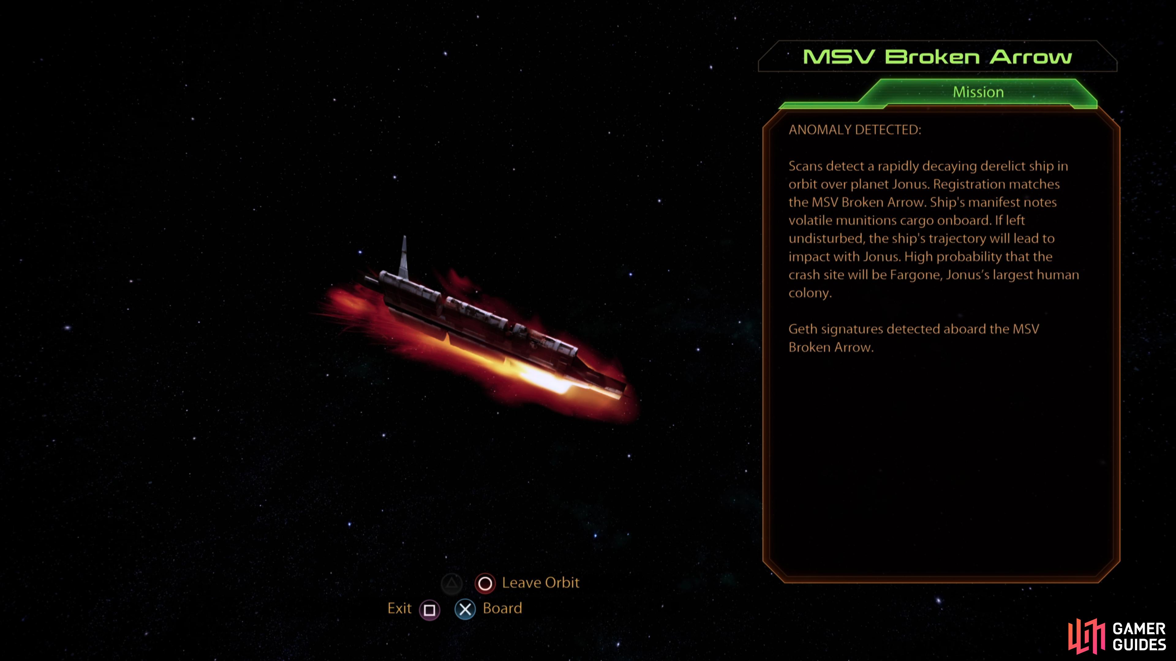 The assignment "N7: Imminent Ship Crash" takes place aboard the MSV Broken Arrow.