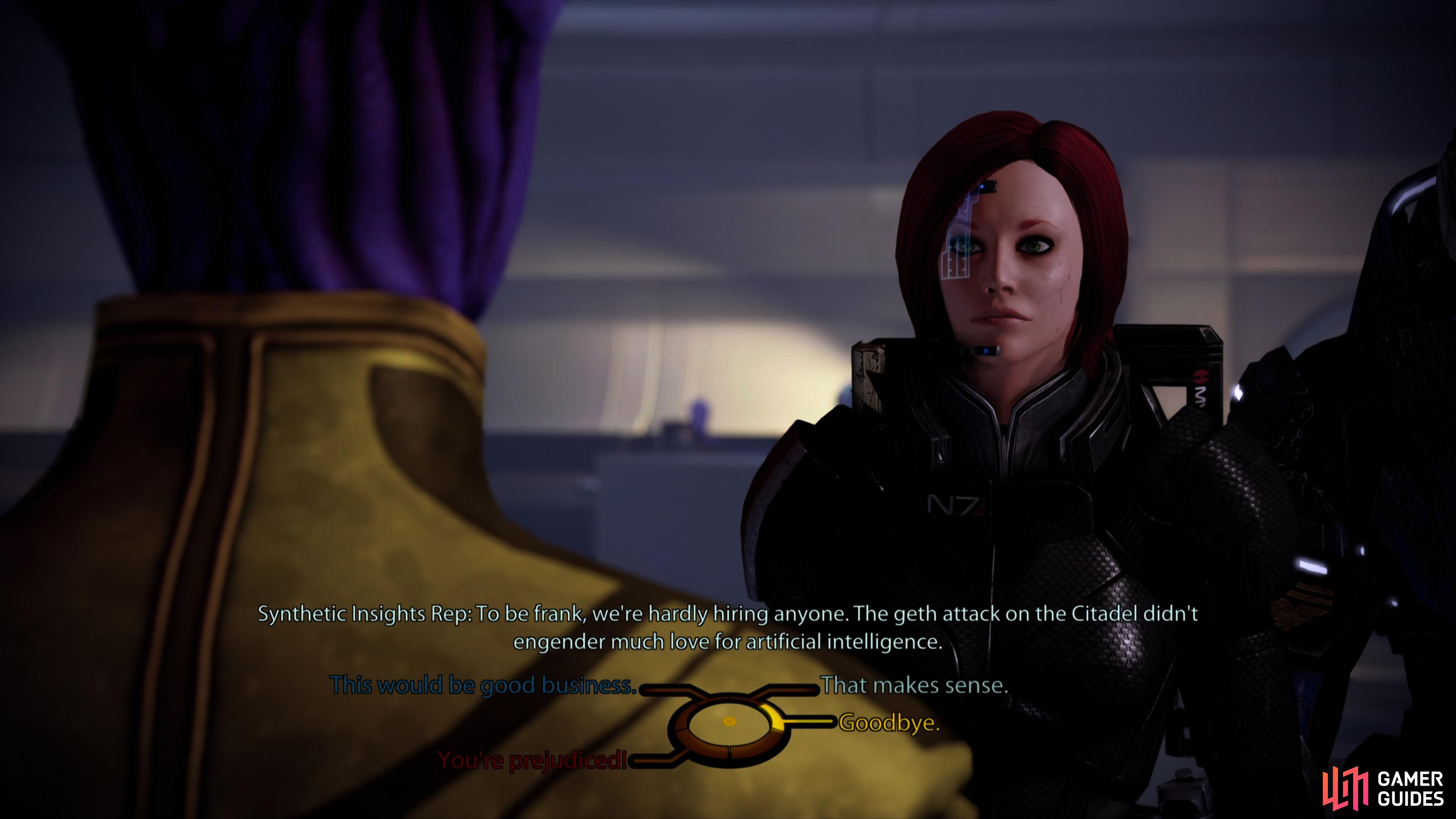 Either convince the Synthetic Insights rep to take in the quarian,