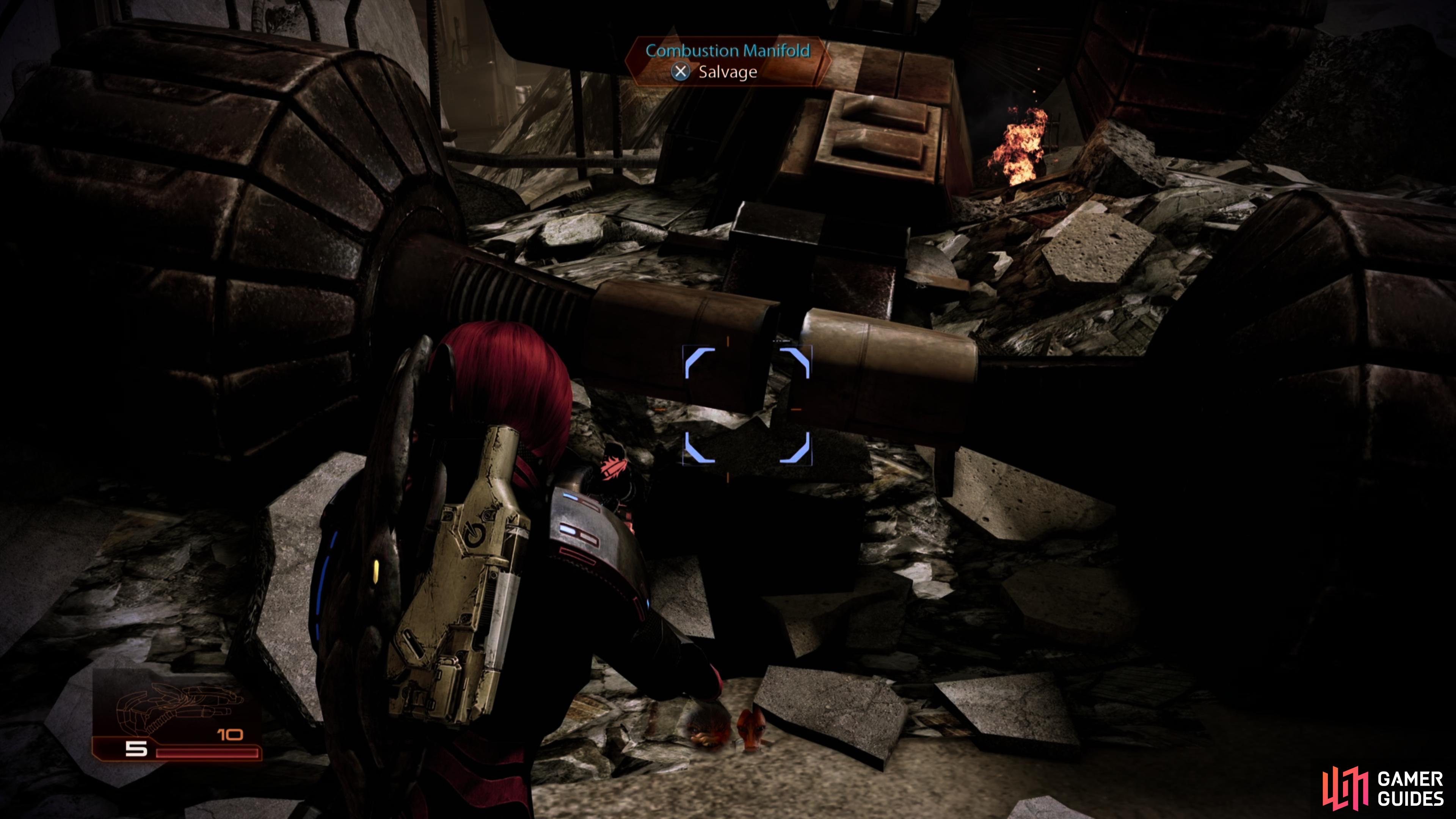 ADuring Mordin's loyalty mission, search a ruined vehicle to find a Combustion Manifold.