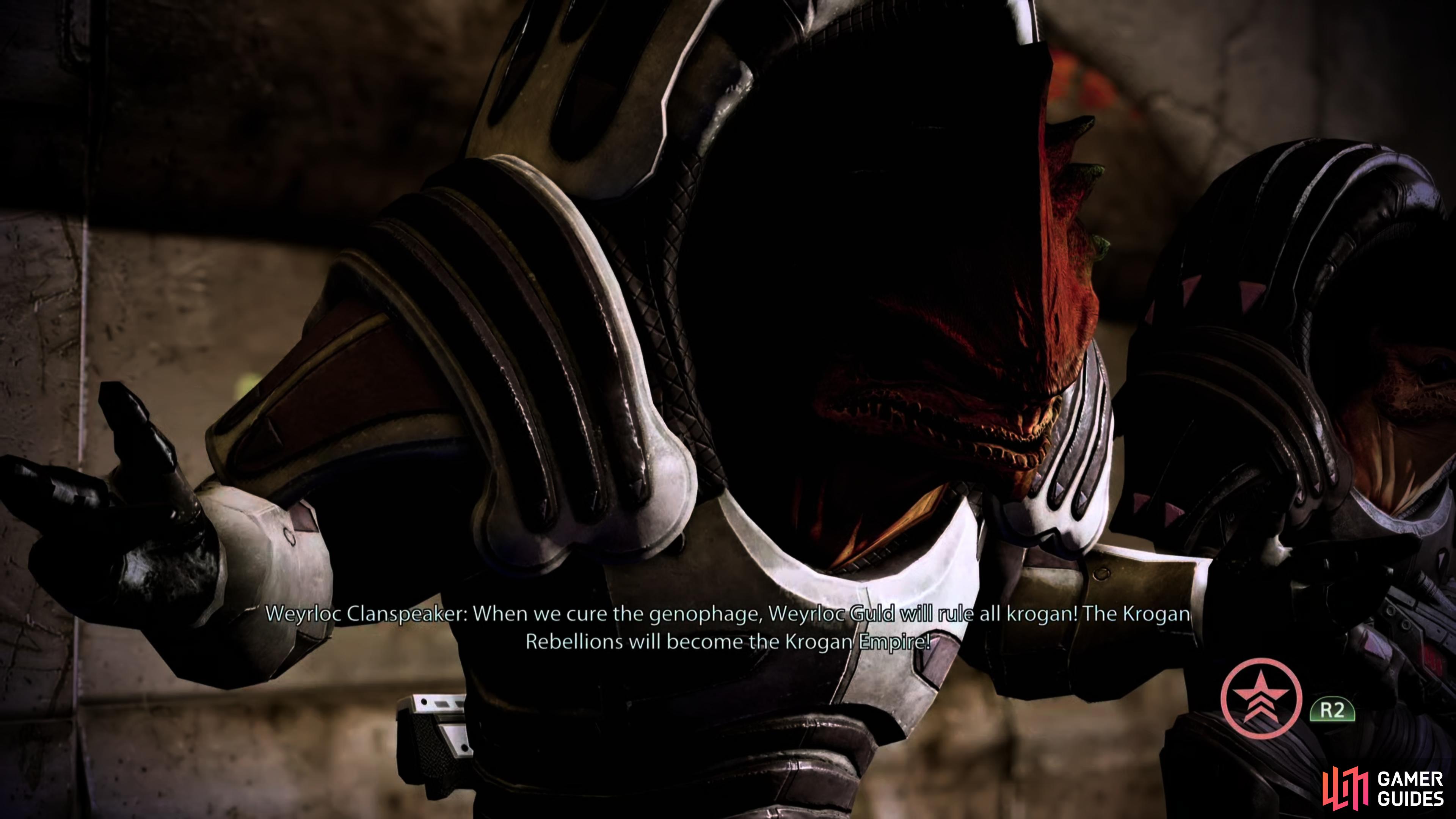 You can interrupt the Weyrloc Clanspeaker and take out some krogan in the process.