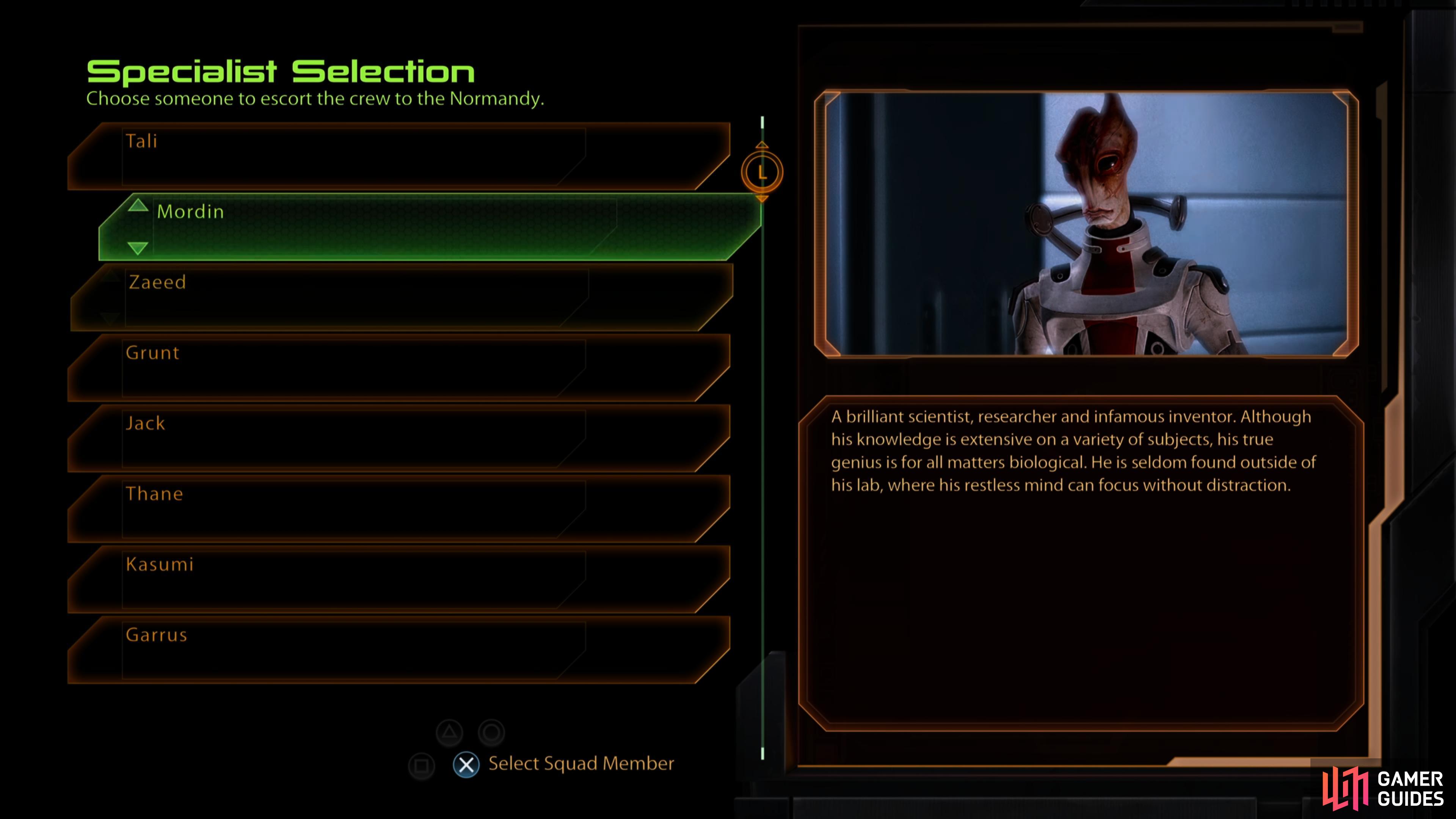 Assign an escort you won't need later - Mordin is a fine choice, provided he's loyal.