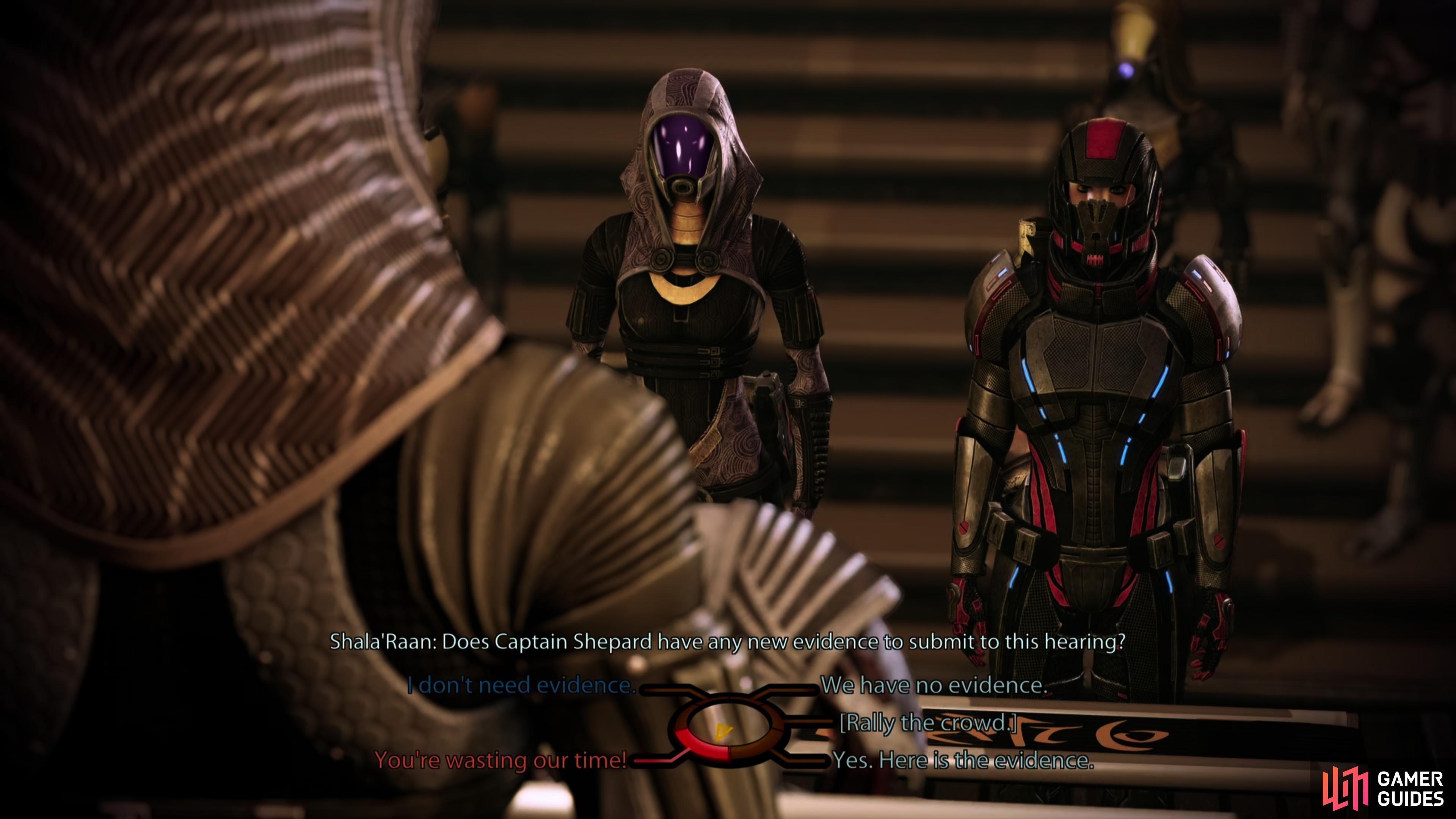 When you return to the tribunal, be sure to withhold the evidence to earn Tali's loyalty.