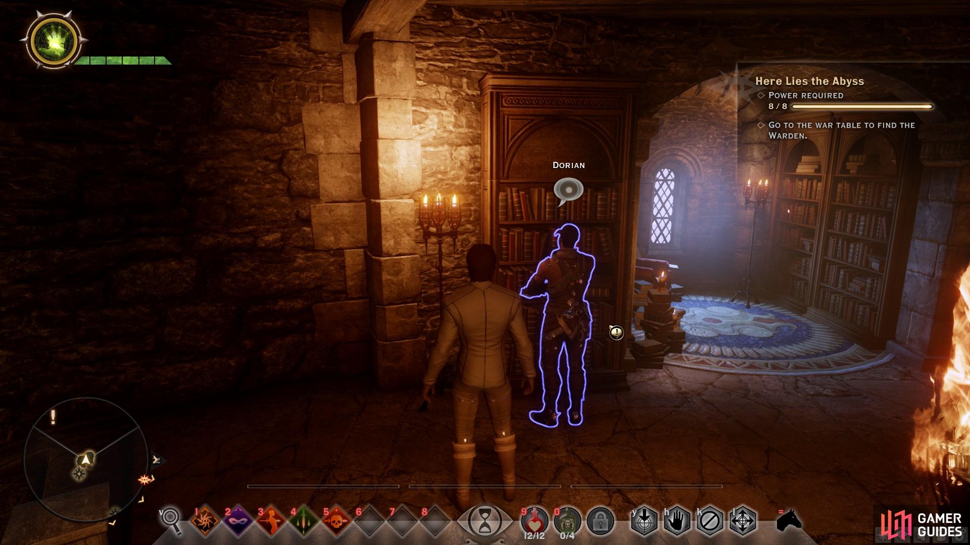 Dorian can be found at the highest point of the library within the main keep.