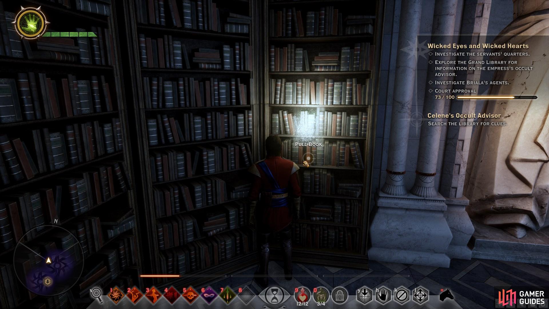 Pull the book to unlock the secret door leading to the torch and some loot.
