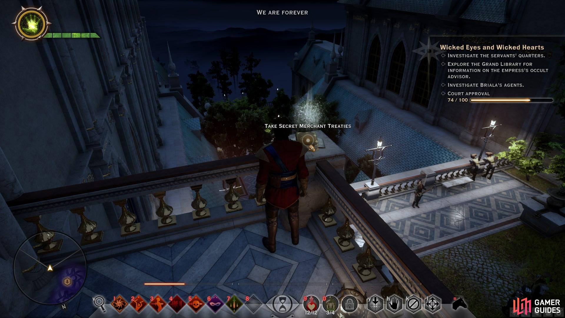 Search for Take Secret Merchant Treaties at the end of the balcony to the right as you ascend to the library.