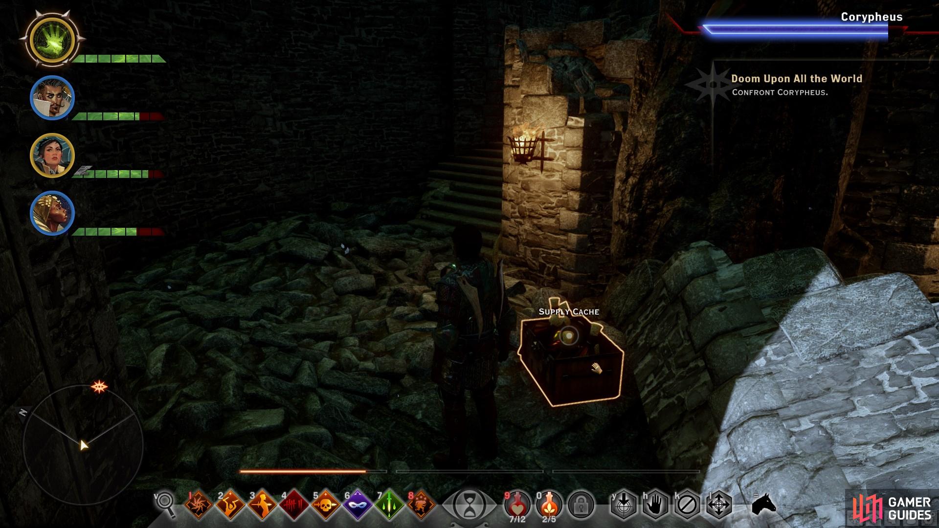 Be sure to use the supply cache on the stairs as you pursue Corypheus.
