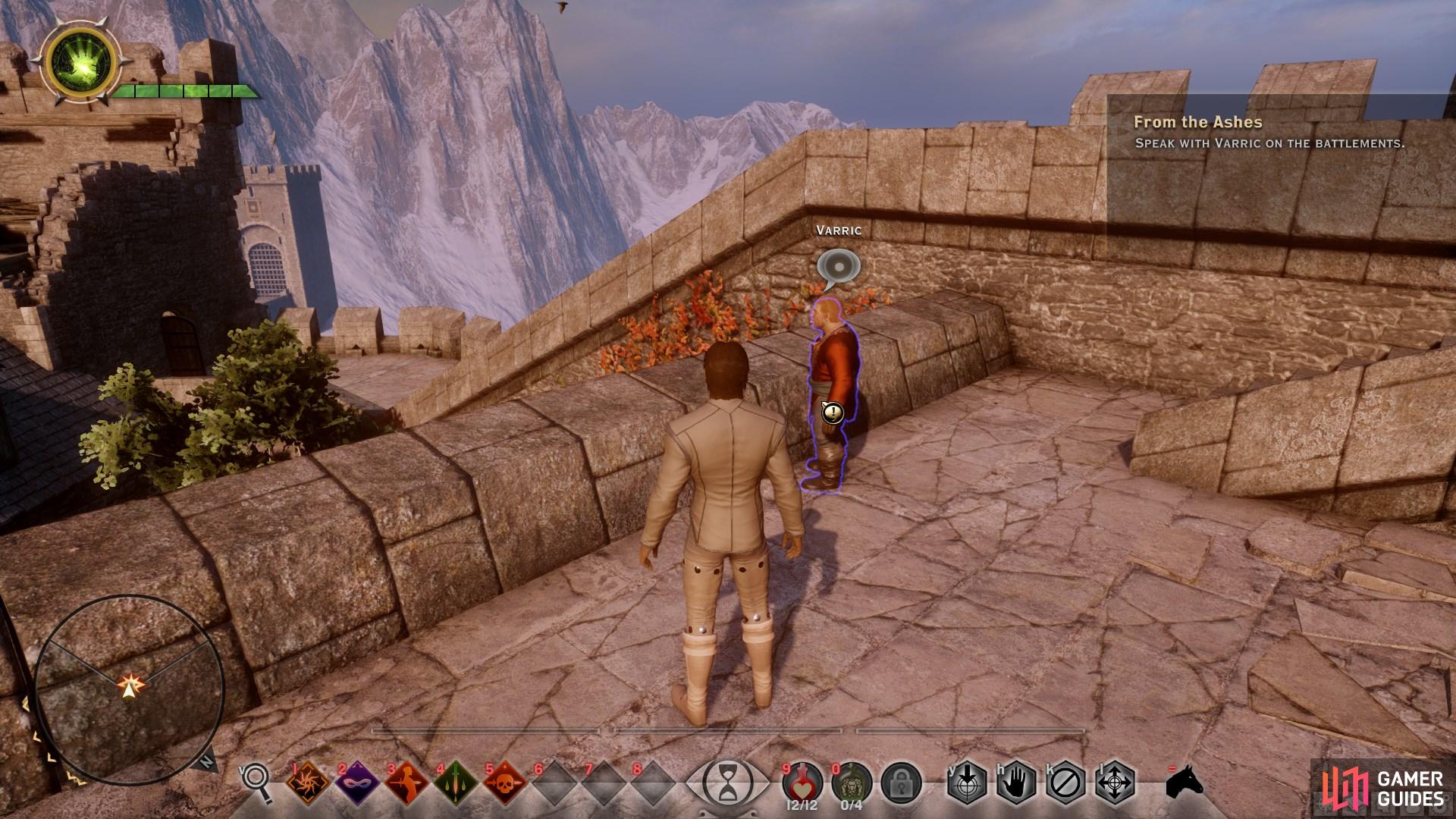 You'll find Varric on a platform just off the rampart.