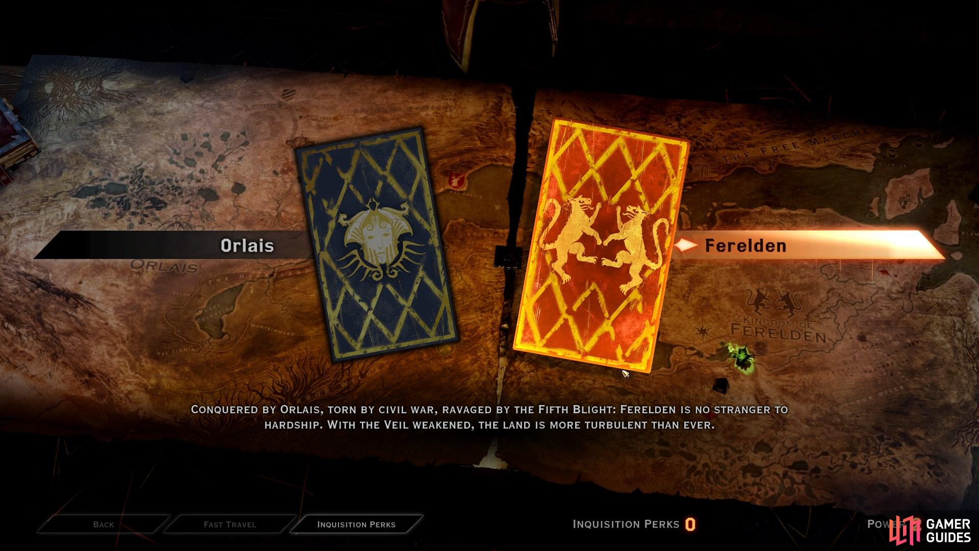 When you visit the War Table, you can choose between two realms - Orlais and Ferelden - to complete missions within.