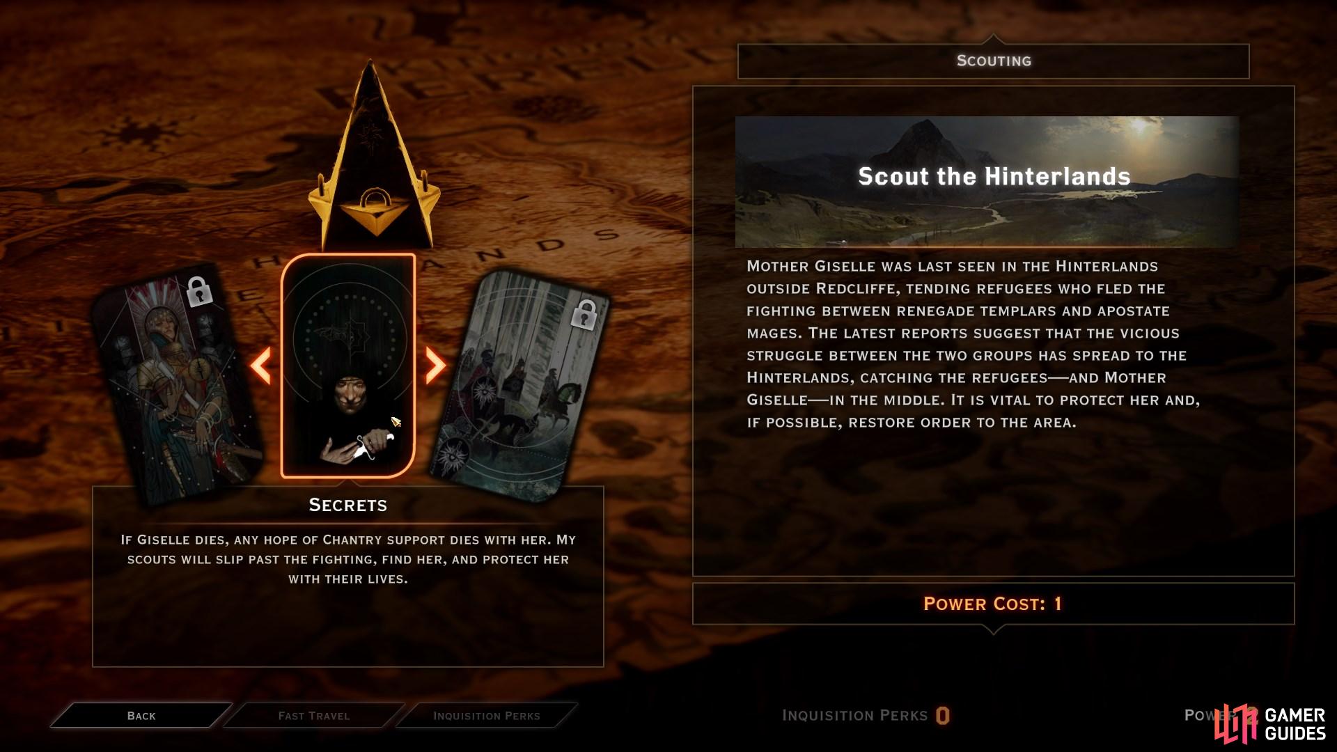 Choose 'Secrets' to spend 1 Power, granting you access to Scout the Hinterlands.