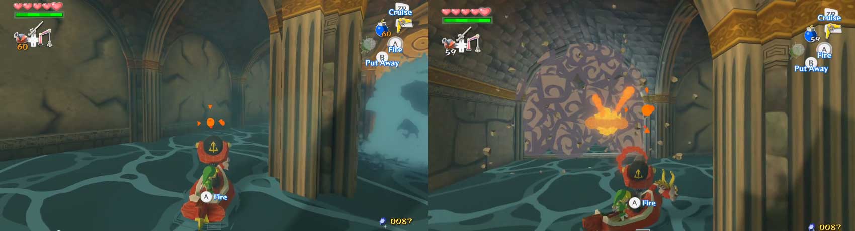Equip the Bombs and use the boat's cannon to shoot Bombs at the wall sections. If the hit is good, the wall section will break, revealing a hole to another section.