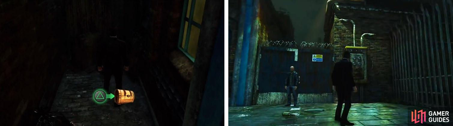 Get the treasure from the alley (left) and then use the power box to proceed (right).