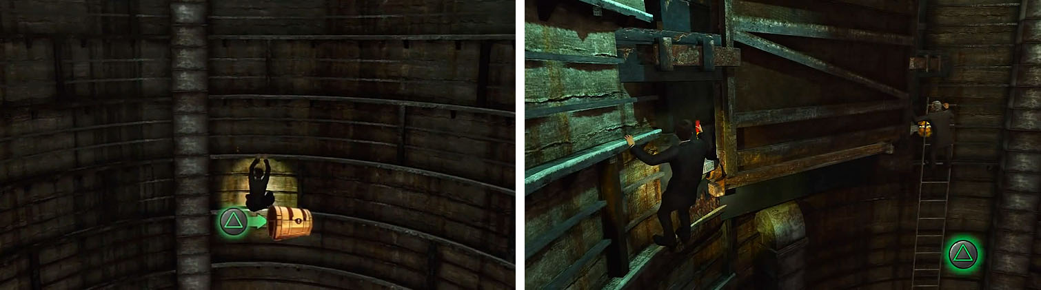 Climb the walls to reach the treasure (left) and then head right to a set of levers (right).