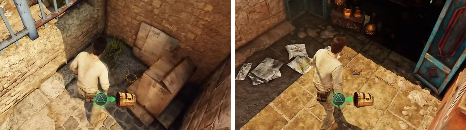 After the brawl get the treasure in the alcove on the right (left) and at the bottom of the stairs (right).