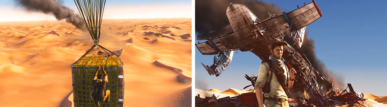 Use the parachute to land safely (left) and approach the wreckage (right).