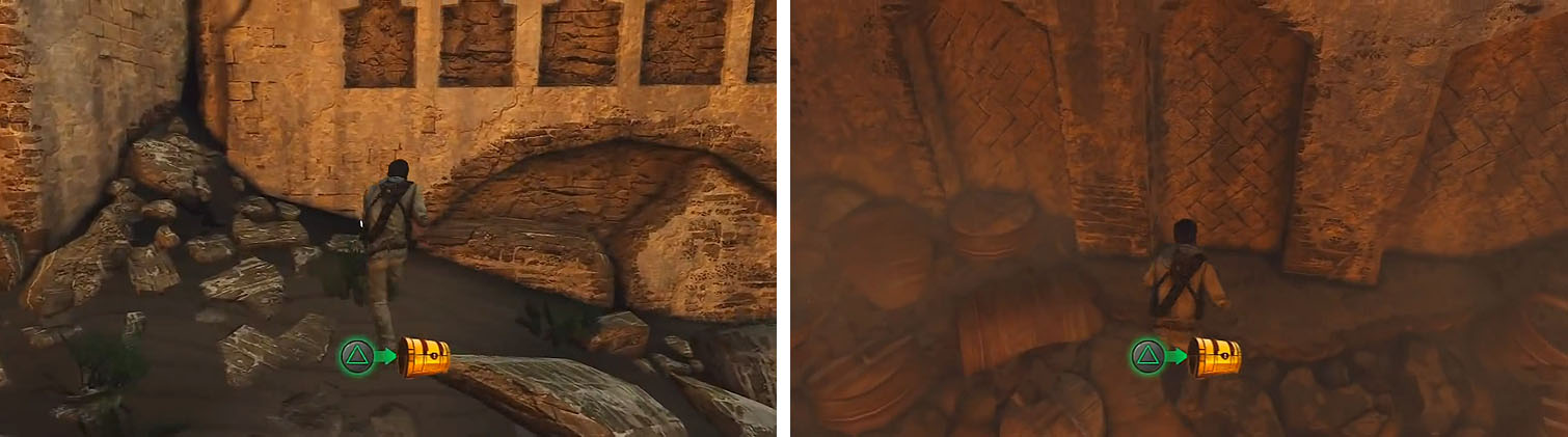 Get the treasure by the main gate (left) and in the room you fall into (right).