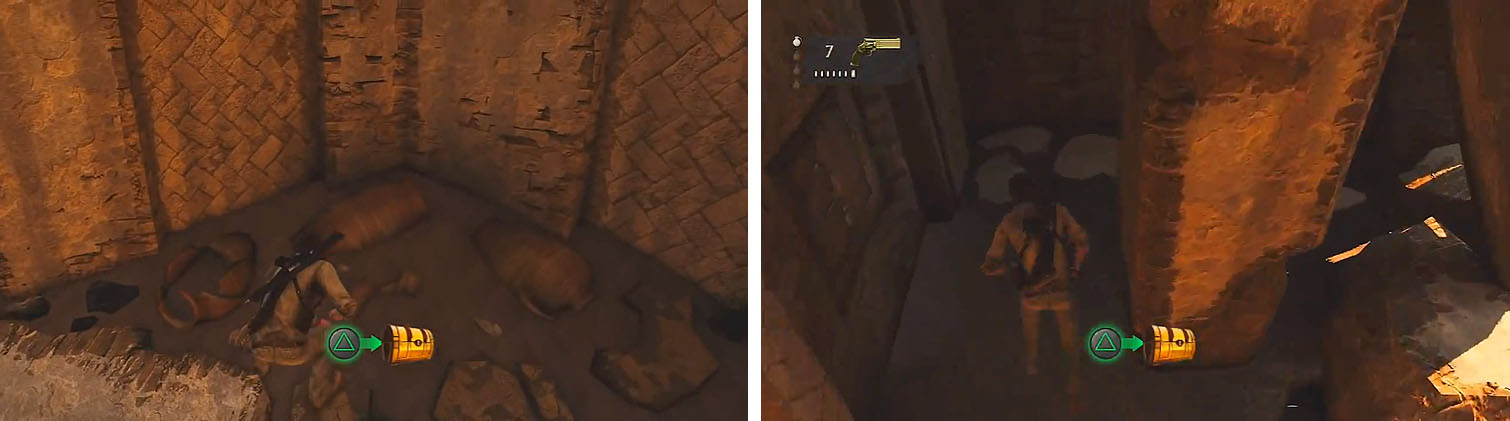 Get the treasure in the pit (left) and then in the room with the sniper (right).