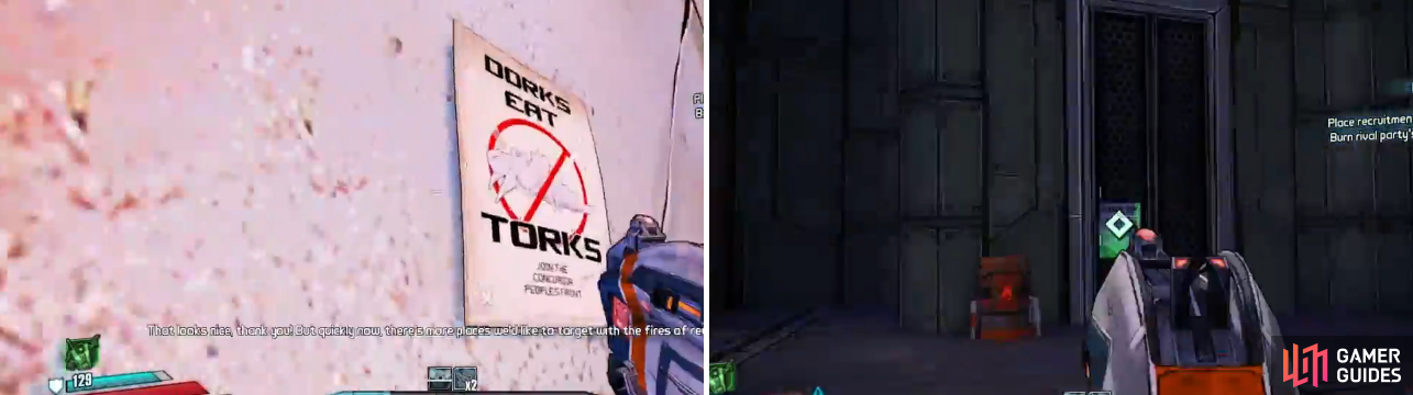 There are two types of posters in this mission, ones you have to place (left) and ones you have to destroy with a fire-elemental weapon (right).