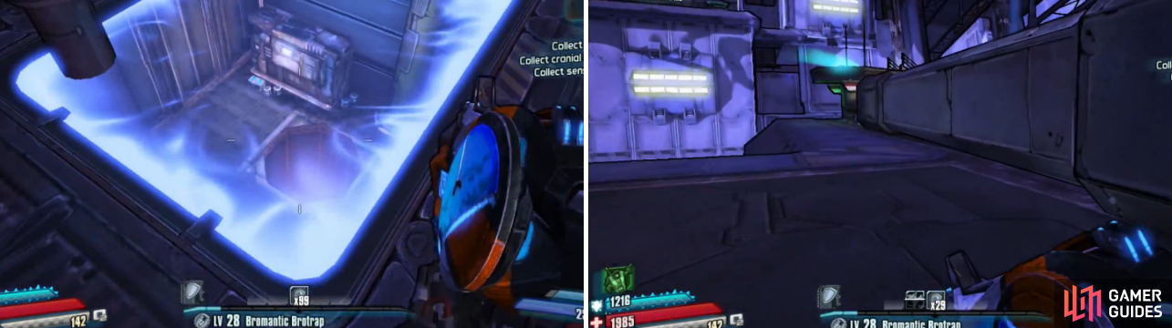 Drop down the long shaft (left), then use the jump pad (right) to eventually reach one that launches you straight up, leading to the cranial interface.