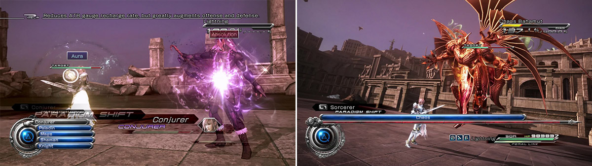 Use Aura when you wish to push for a quick victory or to quickly drive the Chain Gauge higher (left). The status ailments don't always stick as both Caius and Chaos Bahamut have fairly high resistance until they're staggered (right).