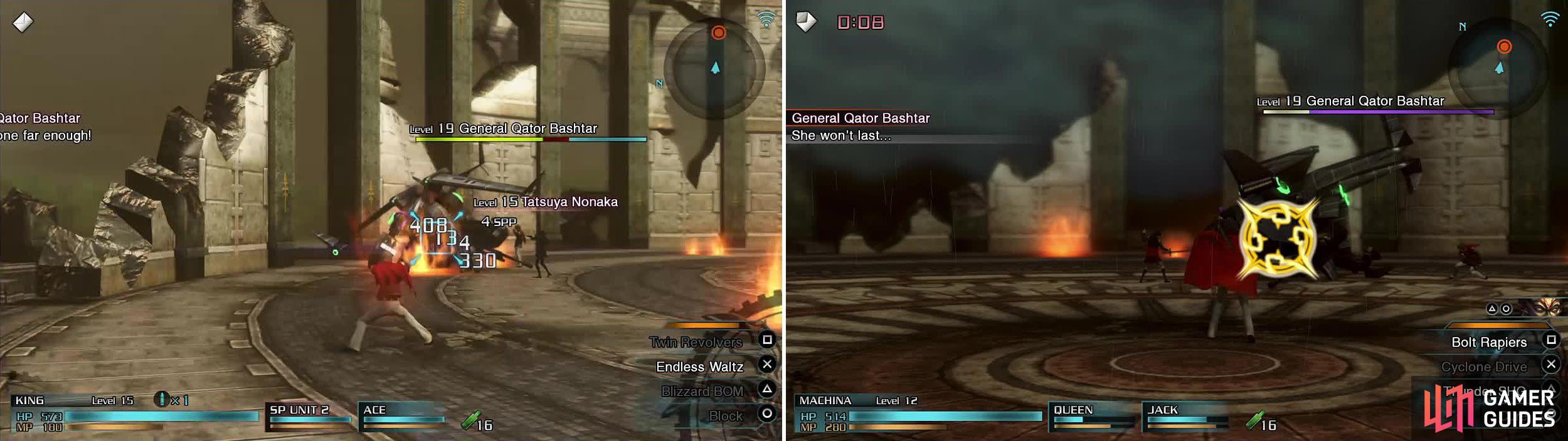 Hit Breaksights (left) to damage Bashtar when he's on the ground. Once it's raining, you can make use of his weakness to Thunder magic. Machina is an excellent choice here (right).