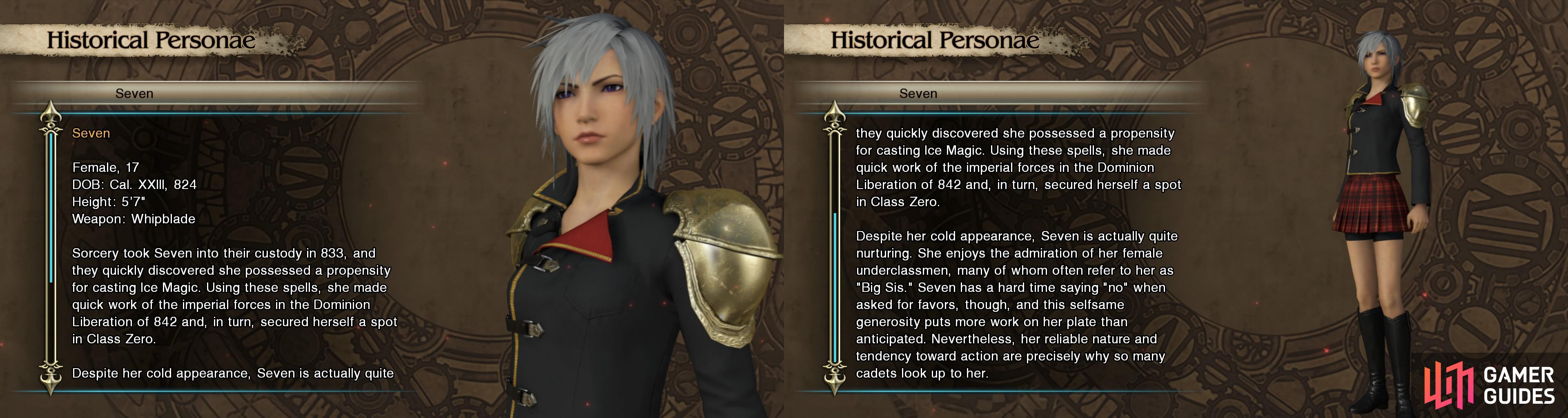Seven is reserved around strangers but has a caring and loyalty for those closest to her that has earned her a reputation as the big sister of Class Zero.