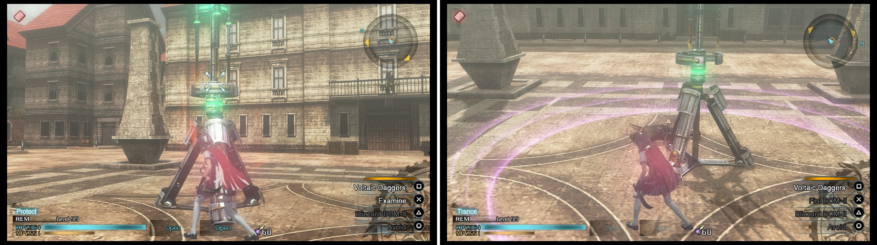 Interact with the communication tower (left) to make a colored circle appear (right). Stay inside it until it disappears to disable the communications.