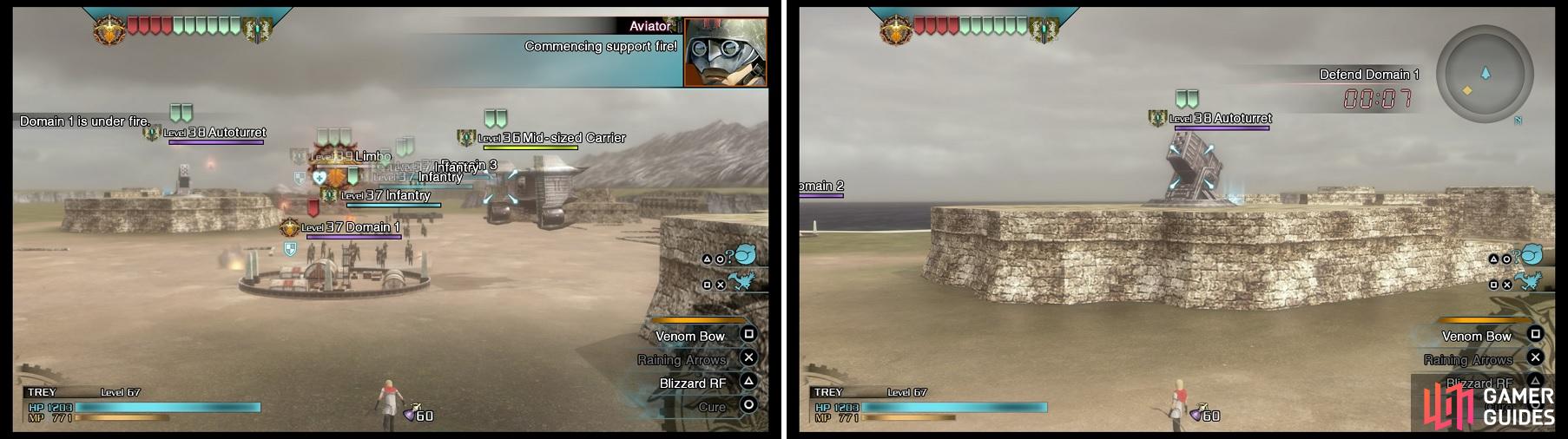 The start of the battle will put you right into the action, with a Carrier (left) attacking your Domain 1. A ranged character, such as Trey, will be able to hit the Autoturret (right) perched on top of the structure from the ground.