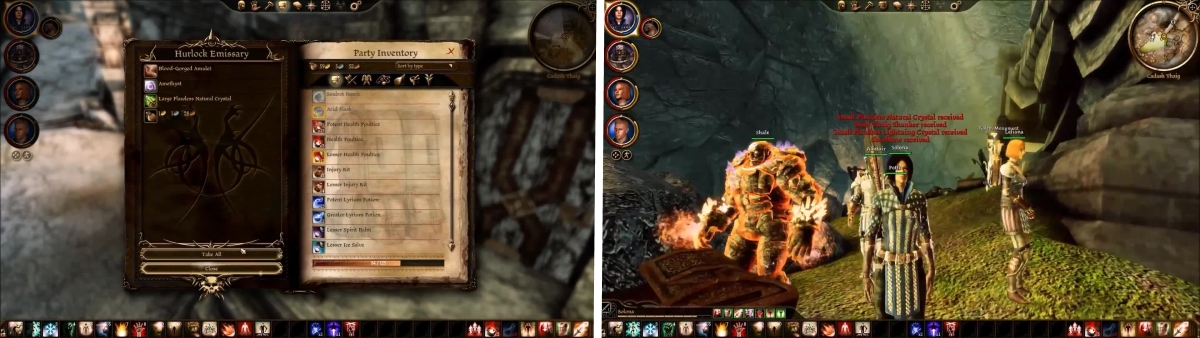 Check the corpse of the Hurlock Emissary for some nice items (left). At the end of everything is the Golem Monument where Shale will explain more about golems.
