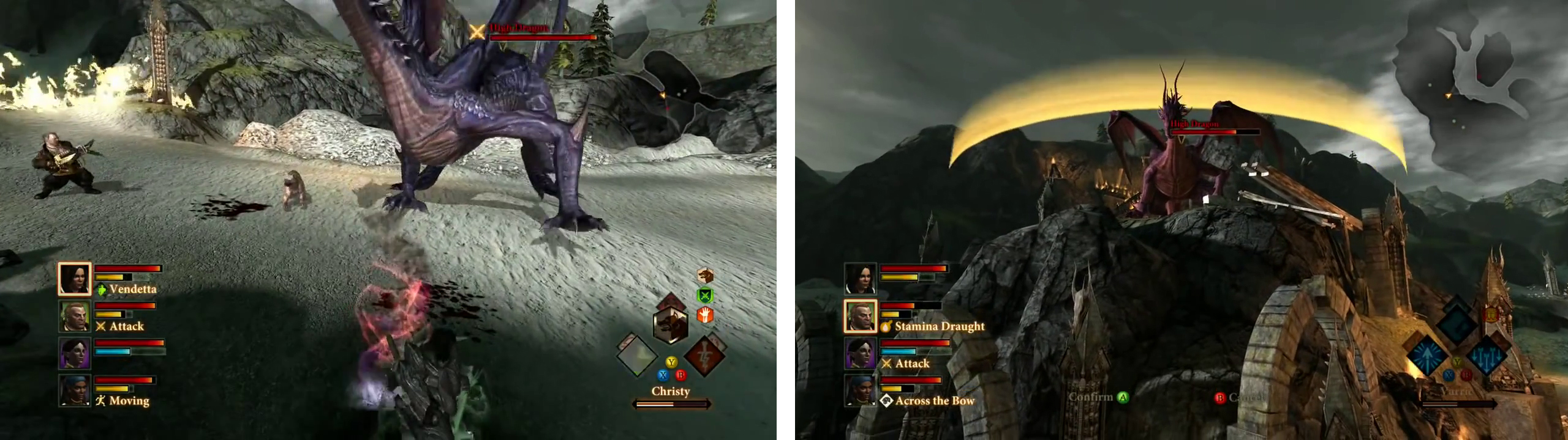 The dragon will fight on both the ground (left) and from a perch in the centre of the area (right).