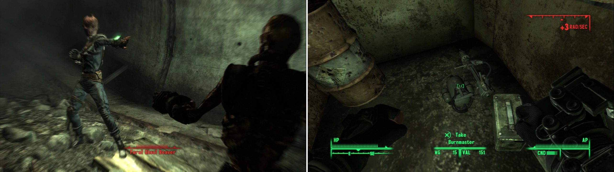 These tunnels are crawling with Feral Ghoul Reavers (left). The Burnmaster excels at making things extra crispy! (right)